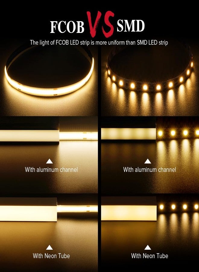 BTF-LIGHTING شريط إضاءة LED من نوع BTF-LIGHTING FCOB COB، 528 مصباح LED/متر، مرن، عالي الكثافة، إضاءة موحدة، 14 واط/متر، طول 16.4 قدم، يعمل بجهد 12 فولت تيار مستمر، لون أبيض دافئ 3000 كلفن، مؤشر تجسيد اللون 90+، عرض 10 مم، مناسب للديكور المنزلي الداخلي (بدون محول أو وحدة تحكم). - Image 2